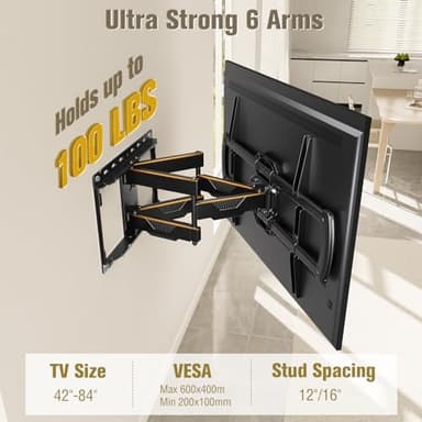 Mounting Dream TV Wall Mount, UL Listed Full Motion Mount Bracket for 42-84 Inch Flat Screen TVs, Swivel Articulating Dual Arms, Max VESA 600x400mm, 100 LBS Loading, Fits 16 Inches Wood Studs, MD2296 - Image 2