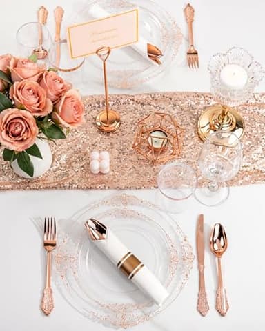 Nervure 350PCS Rose Gold Plastic Plates - Rose Gold Plastic Dinnerware Sets for 50 Guests - 100 Disposable Plates, 150 Silverware, 50 Cups, 50 Napkins for Wedding & Party - Image 8