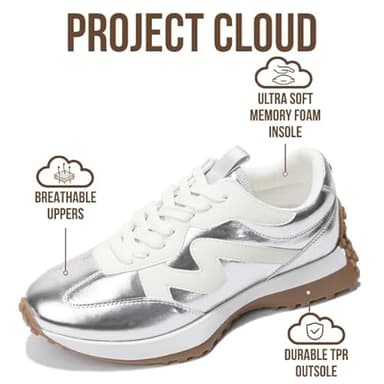 Project Cloud Trendy Sneakers for Women - Memory Foam and Non-Slip Comfortable Casual Ladies Shoes for Womens Fashion Sneakers - Lightweight Lace-up Shoes (LECCO, SILV, 8) Silver - Image 2