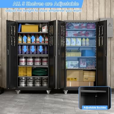 Aobabo Upgraded Garage Storage Cabinets with Wheels,Metal Storage Cabinets with 5 Adjustable Shelves for Garage Home Office Storage, Black,71''H*34''W*18''D,Assembly Required - Image 8