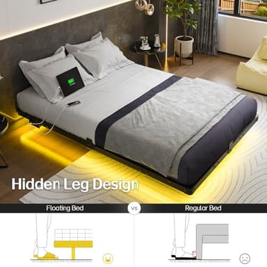 Liians Full Size Modern Floating Bed Frame with Smart LED Lights, USB Charging Station, Sturdy Metal Platform, No Box Spring Needed, and Easy Assembly - Image 5