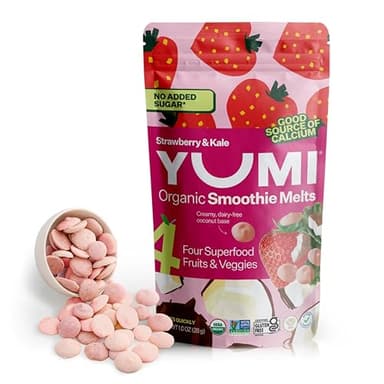 Yumi Smoothie Melts - Toddler, Kids & Baby Snacks, Gluten-Free, No Added Sugar. Organic Plant Based Like Bites - 4 Real Fruits & Vegetables Puree Melties, School Safe, Strawberry & Kale (6 ct.) - Image 1
