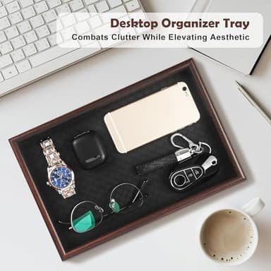 Zosenley Wooden Valet Tray with Leather Base - Nightstand Catchall Organizer for Cologne, Perfume, Keys, Wallet, Phone, Watch, Jewelry & Sunglasses (Black - Image 3