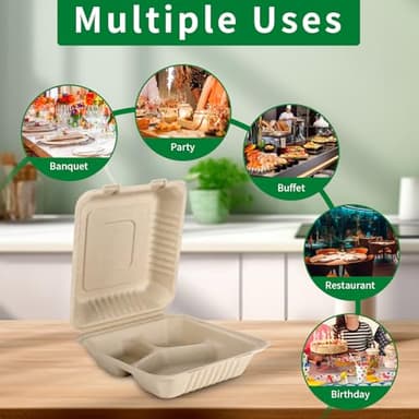 Aricsen 50 Pack 3 Compartment Compostable 8x9 Inch Takeout Lunch Box Containers with Lid To Go Take Out Clamshell for Food, Disposable Eco-Friendly Biodegradable Bagasse, PFAS-Free, Brown - Image 6