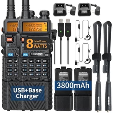 Ham Radio Baofeng UV-5R 8W Long Range UV5R Handheld Dual Band High Power 3800mAh Rechargeable Walkie Talkies Portable Two Way Radio with Earpiece USB Charging Cable Full Kit,2Pack - Image 1