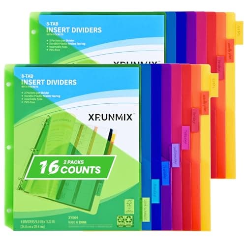 8-Tab Binder Dividers - Index Pockets Divider for 3 Ring Binders, 3-Hole Plastics Sheets Protectors for US Letter Size in 0.5'', 1'', 2'', 3 inch Binders, 8 Colors (XY004) (2 Packs) - Image 1