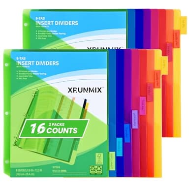 8-Tab Binder Dividers - Index Pockets Divider for 3 Ring Binders, 3-Hole Plastics Sheets Protectors for US Letter Size in 0.5'', 1'', 2'', 3 inch Binders, 8 Colors (XY004) (2 Packs) - Image 1
