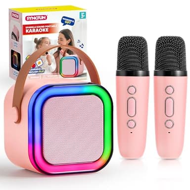 SYNCFUN Karaoke Machine, Mini Karaoke Machine with 2 Wireless Microphones for Kids and Adults, Bluetooth Speaker Toys, Birthday Girls Gift for Ages 3,4, 5, 6,7, 8,9,10,11,12+ Years Old(Pink) - Image 1