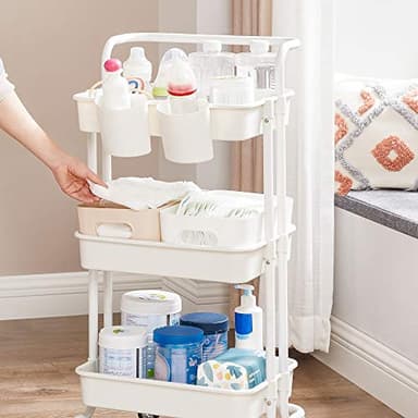 SONGMICS Rolling Cart, 3-Tier Storage Cart, Storage Trolley with Handle 2 Small Organizers, Steel Frame, Plastic Baskets, Utility Cart, Easy Assembly, for Bathroom Laundry Room, White UBSC067W01 - Image 8
