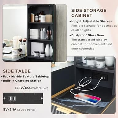 T4TREAM Fluted Makeup Vanity Desk with 36" HD Lighted Mirror, 48" Big Modern Vanity Desk with Mirror and Lights, Dressing Table with 5 Drawers & Shelves, Glass Top for Bedroom, Dark Grey - Image 5