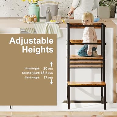 INNOD Kitchen Step Stool for Toddlers, Height Adjustable Toddler Tower with Safety Rail, Steel and Wood Toddler Kitchen Stool Helper Kids, Stool for Kids, Learning Tower, Kids' Desk Brown - Image 3