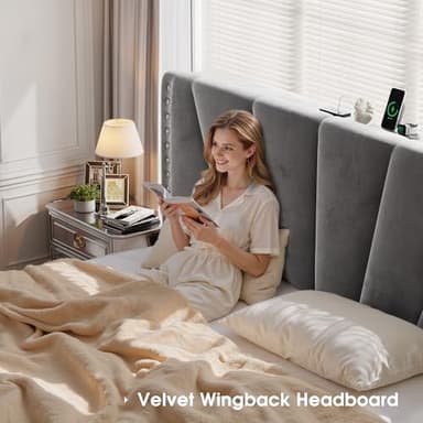 EnHomee King Size Bed Frame, Velvet Bed Frame with Headboard and Led Light, Platform Bed Frame for Bedroom Apartment, Dorm, Noise-Free, Easy Assembly, Dark Gray - Image 3