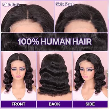 omswet Body Wave BOB Wig Human Hair 5X5 HD Lace Closure Wavy Wigs for Black Women Glueless Wear And Go Wigs Human Hair Pre Plucked Wavy Wig 200 Density Virgin Hair 14 Inch Glueless Body Wave Bob - Image 3
