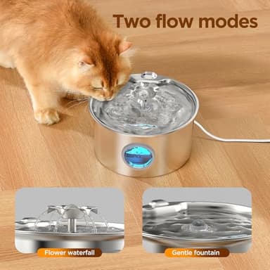 Stainless Steel Cat Water Fountain: 88oz/2.6L Ultra Quiet Pet Fountain with Flower Kitty Spout & LED Blue Light Water Dispenser with Water Level Window for Cats/Dogs Indoor (Silver) - IHOUONE - Image 3