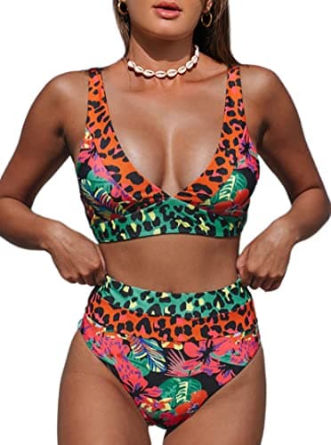 Hilinker Women's Leopard Bikini Swimsuits V Neck High Waisted 2 Piece Bathing Suits Coral X-Large - Image 1