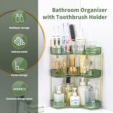 NATURE'S SOURCE Makeup Organizer for Vanity, 3-Tier Corner Bathroom Organizer Countertop with Makeup Brush Holder, Corner Counter Storage for Bathroom Dresser- Green - Image 6