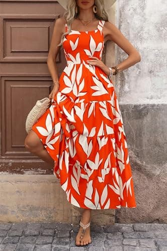 PRETTYGARDEN Women's Summer Floral Maxi Dress Sleeveless Smocked Ruffle Long Flowy Beach Vacation Boho Sundresses (Floral Orange Beige,Small) - Image 4