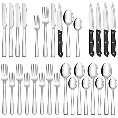 Hiware 24-Piece Silverware Set with Steak Knives, Stainless Steel Flatware Cutlery, Mirror Polished Flatware Serving Utensils Set for 4, Includes Forks Spoons Knives Silverware, Dishwasher Safe - Image 1