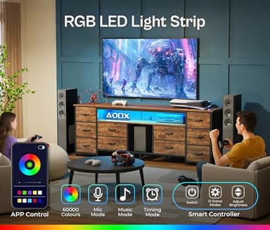 Huuger 63 Inch LED TV Stand Dresser with Power Outlets, USB-C Port and LED Lights, 10 Fabric Drawer Dresser for Bedroom, Long Entertainment Center for 65, 70 Inch TV, Open Shelves, Rustic Brown - Image 4