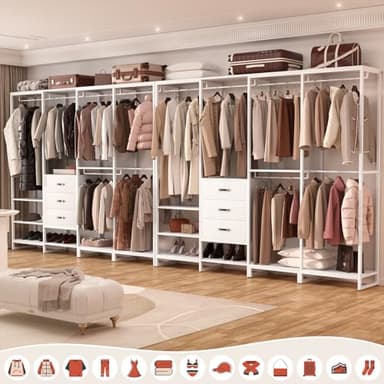 Aheaplus Wood Clothes Rack Wardrobe Closets for Hanging Clothes Heavy Duty Garment Rack, Large Corner L Shaped Closet System Organizer Walk-in Closet for Bedroom with 3 Wood Drawers, Pure White - Image 5