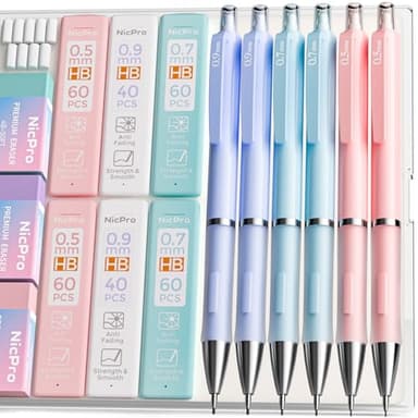 Nicpro 6PCS Pastel Mechanical Pencil Set, Cute Mechanical Pencils 0.5 mm & 0.7 mm & 0.9 mm with 360PCS HB Lead Refills, Eraser, Eraser Refill for Student Writing Drawing Sketching Drafting with Case - Image 1