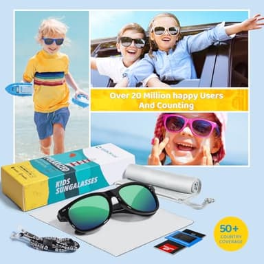 RIVBOS Kids Sunglasses Boys with Strap Polarized Rubber Flexible Shades for Toddler and Children Age 3-10 RBK004-2 Black Ice Green Lens - Image 6