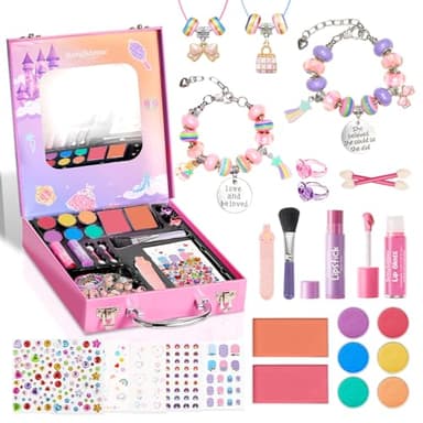 Kids Makeup & Jewelry Kit for Girls - Washable Real Cosmetics Set with Bracelet-Making for Children Toddler, Princess Dress-Up Toy, Ideal Winter Birthday Gift for 4-12 Year Olds (Pink) - Image 1
