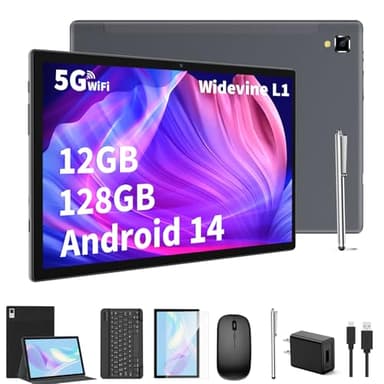 YLEEBG Android Tablet with Keyboard,10 inch Android 14 Tablets, 12GB RAM 128GB ROM, 1TB Expand, 8000mAh, 2.4G/5G WiFi, Bluetooth, GMS Certified, with Case, Mouse, Stylus Tablet PC (Deep Black Case) - Image 1