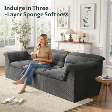 SUNG7 112" Modular Cloud Sectional Couch with Ottoman, Modern Upholstered Compressed Sofa with Deep Seat, Comfy L-Shape Corduroy Couches for Living Room, No Assembly Required, Dark Gray - Image 5