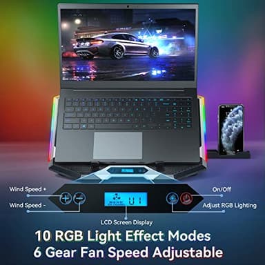 ICE COOREL Gaming Laptop Cooling Pad with 8 Cooling Fans, Laptop Fan Cooler Pad for 15-17.3 Inch, Notebook Cooler Stand with 6 Height Adjustable, RGB Cooling Pad with Two USB Port + Phone Stand - Image 3