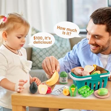 150Pcs Kitchen Playset, Toddlers Pretend Cooking Cookware Accessories, Food, Picnic Blanket, Fruits, Veges, 2Pack Shopping Storage Basket, Dessert and Prop Money, Gift for Kids (Pink) - Image 6