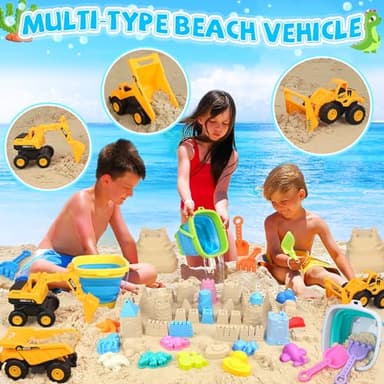 FHOZGECY Beach Toys, 35Pcs Sand Toys with 3 Construction Vehicles, 3 Collapsible Beach Bucket, Sand Castle Building Kit, Sand Molds, Shovel Set, Mesh Bag, Travel Toys for Toddlers Kids Boys Girls - Image 3