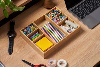 Umilife Desk Drawer Organizer, Bamboo Wood Organizer Tray with Adjustable Compartments, Office Desk Accessories Supplies Organization Storage, 12" x 9" - Image 6
