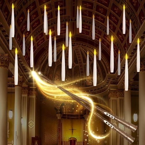 LUSHARBOR Floating Candles with Wand, 20 Pack 2 Wands Halloween Magic Hanging Candles Flameless Floating Candles Battery Operated for Halloween Decorations Gift Idea - Image 1