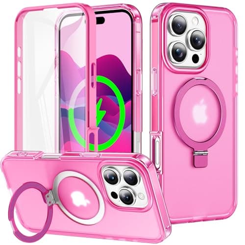 Turquiase for iPhone 16 Pro Max Full Body Shockproof Case with Magnetic Invisible Stand [Compatible with MagSafe] Built-in Screen Protector Military Drop ProtectionTranslucent Phone Cover -Hot Pink - Image 1