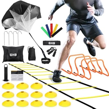 GHB Agility Ladder,Football Training Equipment Set,4 Agility Hurdles, 20 feet 12 Rungs Speed Ladder,12 Disc Cones,Resistance Parachute, Jump Rope, 5 Resistance Bands for Workout - Image 1