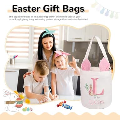 Personalized Easter Baskets for Kids Girls Boys with Customized Name, Cute Easter Bunny Egg Buckets Gifts Tote Bags Hunt Basket for Newborns to 14 Year Old, Pink - Image 6