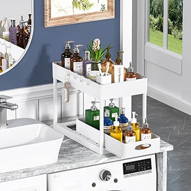 PUILUO 2 Set Under Sink Cabinet Organizer, 2 Tier Storage Under Cabinet Bathroom Under Sink Organizers and Storage Black Under Sink Storage for Bathroom Kitchen - Image 9