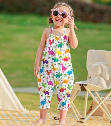 Lindanina Toddler Girl Jumpsuits Romper Summer Outfit Clothes Backless Halter Cute Cartoon Dinosaur 12-24 Months Sleeveless One Piece Overalls Photoshoots with Pockets - Image 2