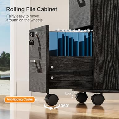 VINGLI 3-Drawer File Cabinet with Lock, Wood Rolling Filing Cabinets for Home Office, Mobile Printer Stand, Under Desk File Organizer for Letter Sized Files, 26" H(Caster Included), Black - Image 6