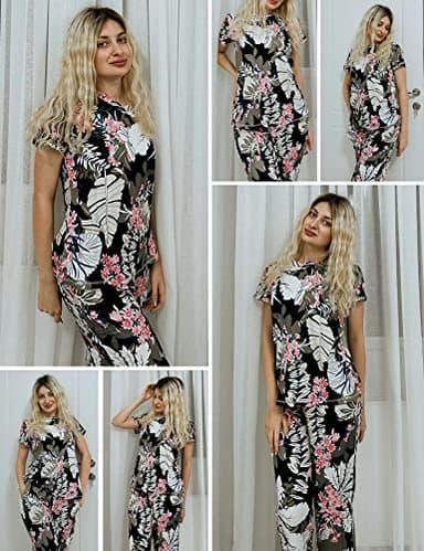 Ekouaer 2 Pack Pajamas for Women Set Short Sleeve 2 Piece Pjs V Neck Tops & Capri Pants Lounge Sets with Pockets S-3XL - Image 4