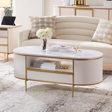 OKD Modern Luxury Fluted Coffee Table, 48" Oval Coffee Table with Drawer, Faux Marble Top, Curved Profile Design, Gold Metal Decor, Center Table for Living Room, Off White - Image 1