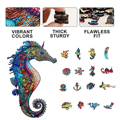 Mys Aurora Unique Wooden Jigsaw Puzzles - Unicorn Seahorse, 300 Pcs King Size 11.4" x 17.9", Animal Shaped Wood Puzzle, Beautiful Package, Best Gift for Adults and Kids, Family Game - Image 4