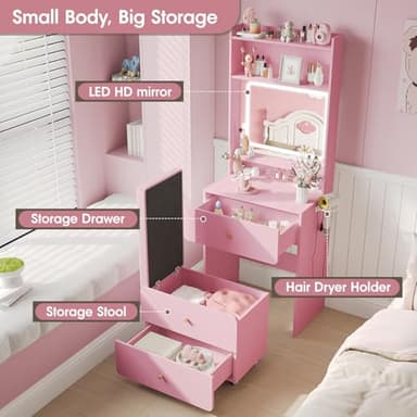 Vabches Small Vanity Desk Set with 3 Adjustable Lighted Mirror and Storage Chair, Vanity Set with Charger Station, Small Spaces Vanity Table for Bedroom，Pink - Image 3