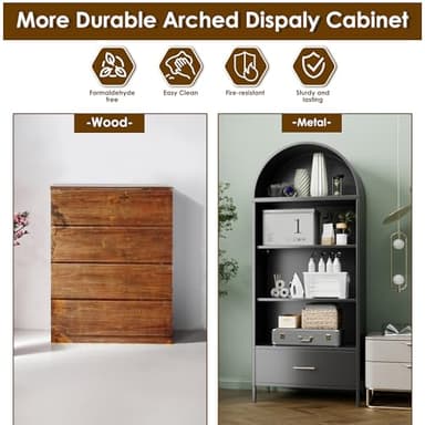 VEXPOR 73 in Tall Metal Arched Cabinet, 4-Tier Arched Bookcase with Drawer, Modern Farmhouse Bookshelf with 2 Adjustable Shelves, Kitchen Pantry Cabinet for Living Room, Black, Assembly Required - Image 4