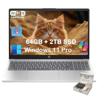 HP 15.6 Touchscreen Laptop Computer for Business & Student, w/Office Lifetime, Intel 13th Gen Core i3(Up to 4.5GHz), HD Touch Display, 64GB RAM, 2TB SSD, AI Copilot, Win 11 Pro, External DVD Drive - Image 1