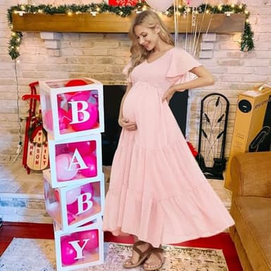 Swiss Dot Smocked Maternity Dress for Baby Shower Photoshoot Casual V Neck Ruffle Sleeve Empire Waist Tiered Boho Dress - Image 3