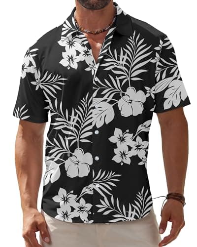 BOJIN Men's Hawaiian Wrinkle Free Short Sleeve Button Down Tropical Floral Beach Vacation Shirt BJ066 White Flower Black 1X - Image 1