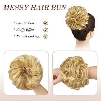 FESHFEN Messy Bun Hair Pieces - Large Wavy Curly Elastic Hair Bun Scrunchies Ponytail Extensions Synthetic Chignon Hairpieces for Women, Strawberry Blonde & Bleach Blonde 1.94oz - Image 3