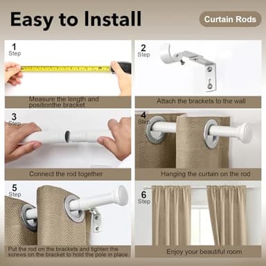 White Curtain Rods for Windows 48 to 84 Inches, 1 Inch Decorative Curtain Rod Set, Adjustable Length Heavy Duty Metal Window Curtain Rod with Brackets - Image 7